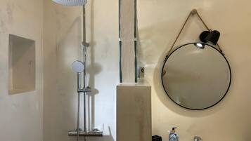 Hair dryer, bidet, towels, soap