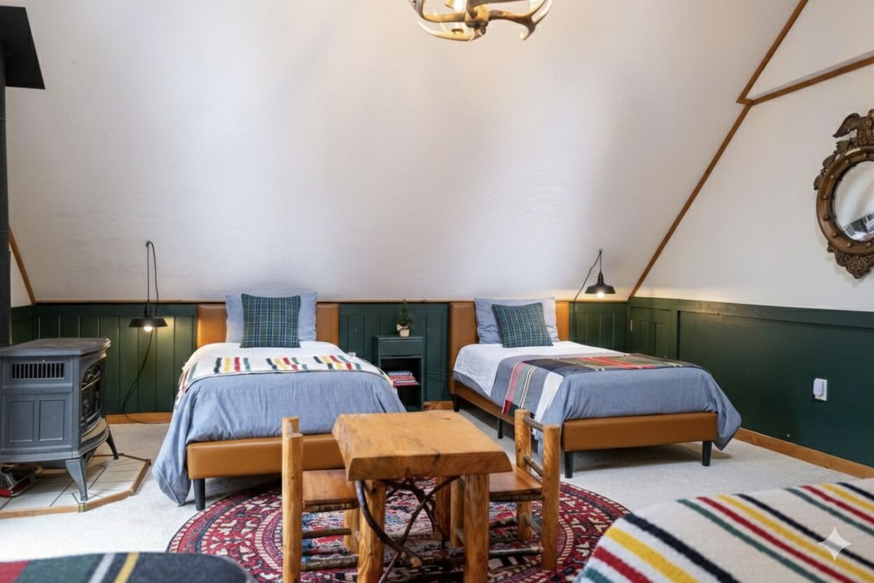 Um quarto aconchegante com duas camas, uma mesa de madeira, um tapete, um espelho e um aquecedor fixado na parede.