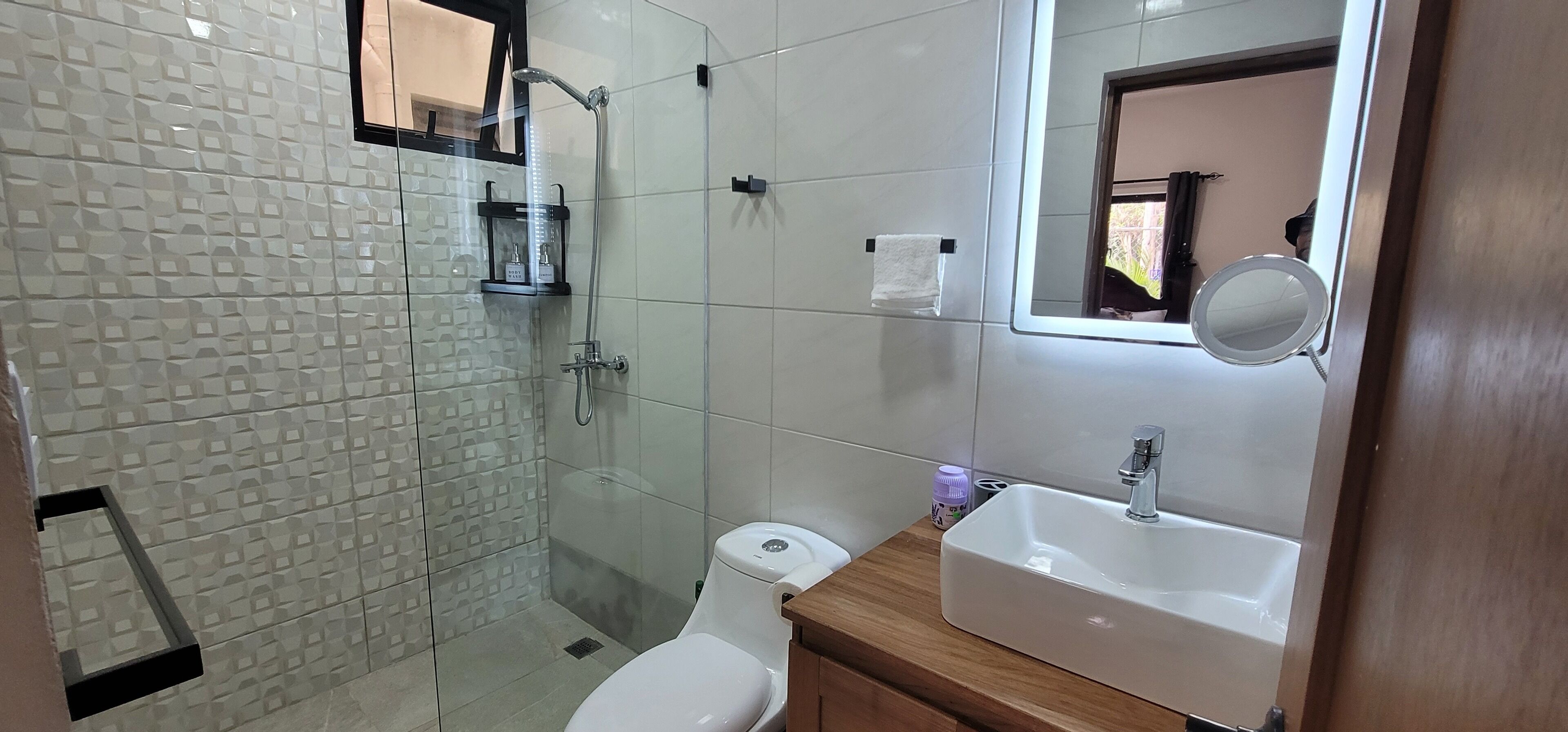 Ducha, toallas, jabón, papel higiénico