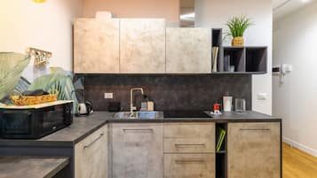 Fridge, microwave, high chair