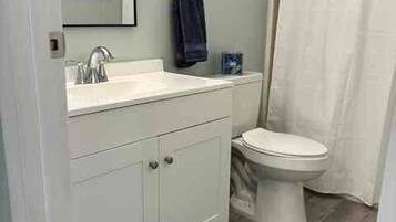 Hair dryer, towels, soap, toilet paper