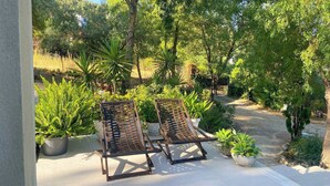 Deux fauteuils de jardin avec des structures métalliques et des lattes en bois, placés sur une terrasse en béton, avec des plantes en pot et des arbres en arrière-plan.
