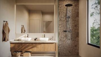 Rumah Mewah, pemandangan kolam renang | Kamar mandi | Shower, perlengkapan mandi gratis, pengering rambut, dan handuk