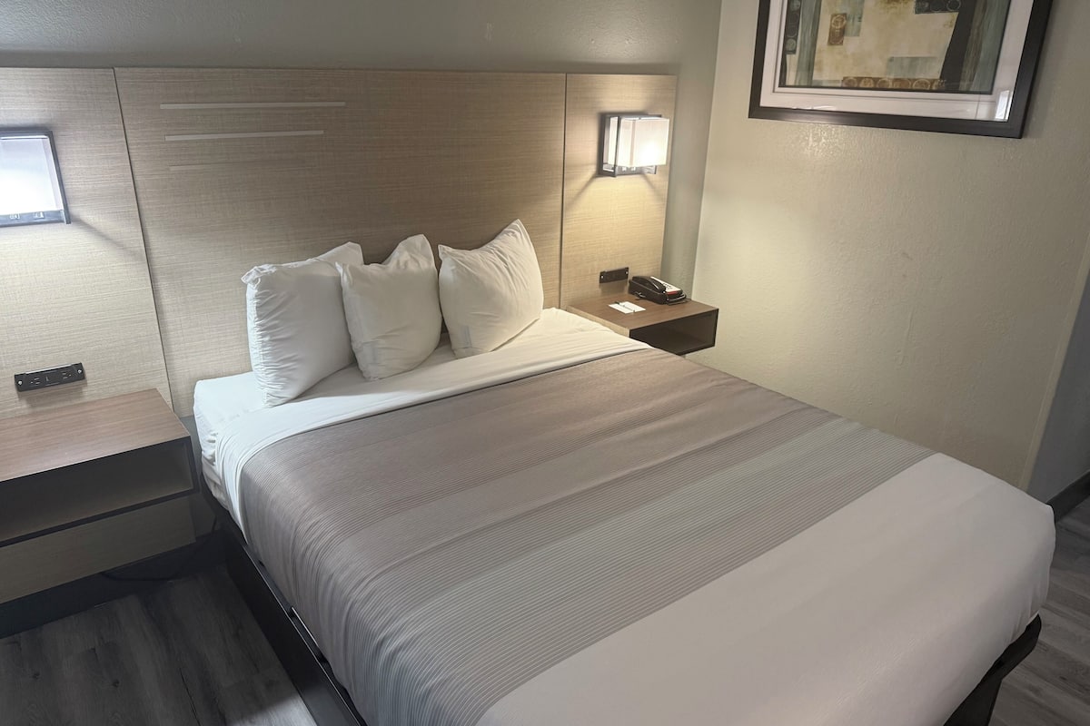 Premium bedding, desk, laptop workspace, blackout curtains