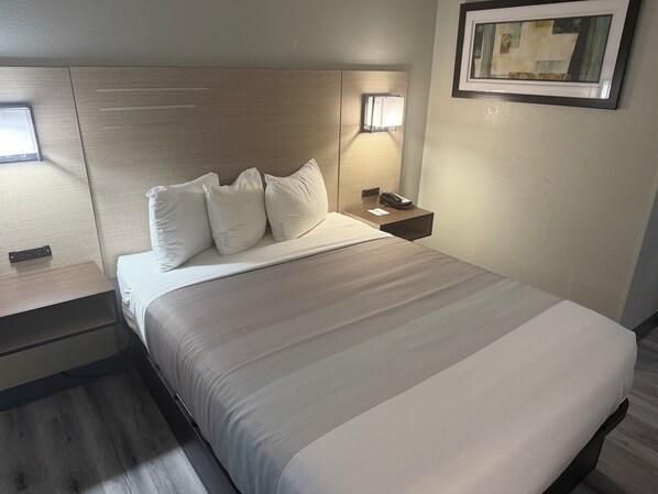A neatly made bed with a headboard, a bedside table with a lamp, and a framed picture on the wall.