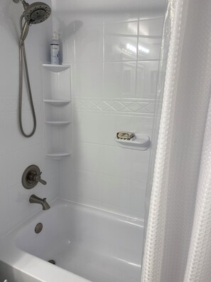 Shower, hair dryer, towels, soap - South Seas West Unit 201 - 2-BR, 2 Bath Beach Condo Marco Island-Monthly Rental (Marco Island)