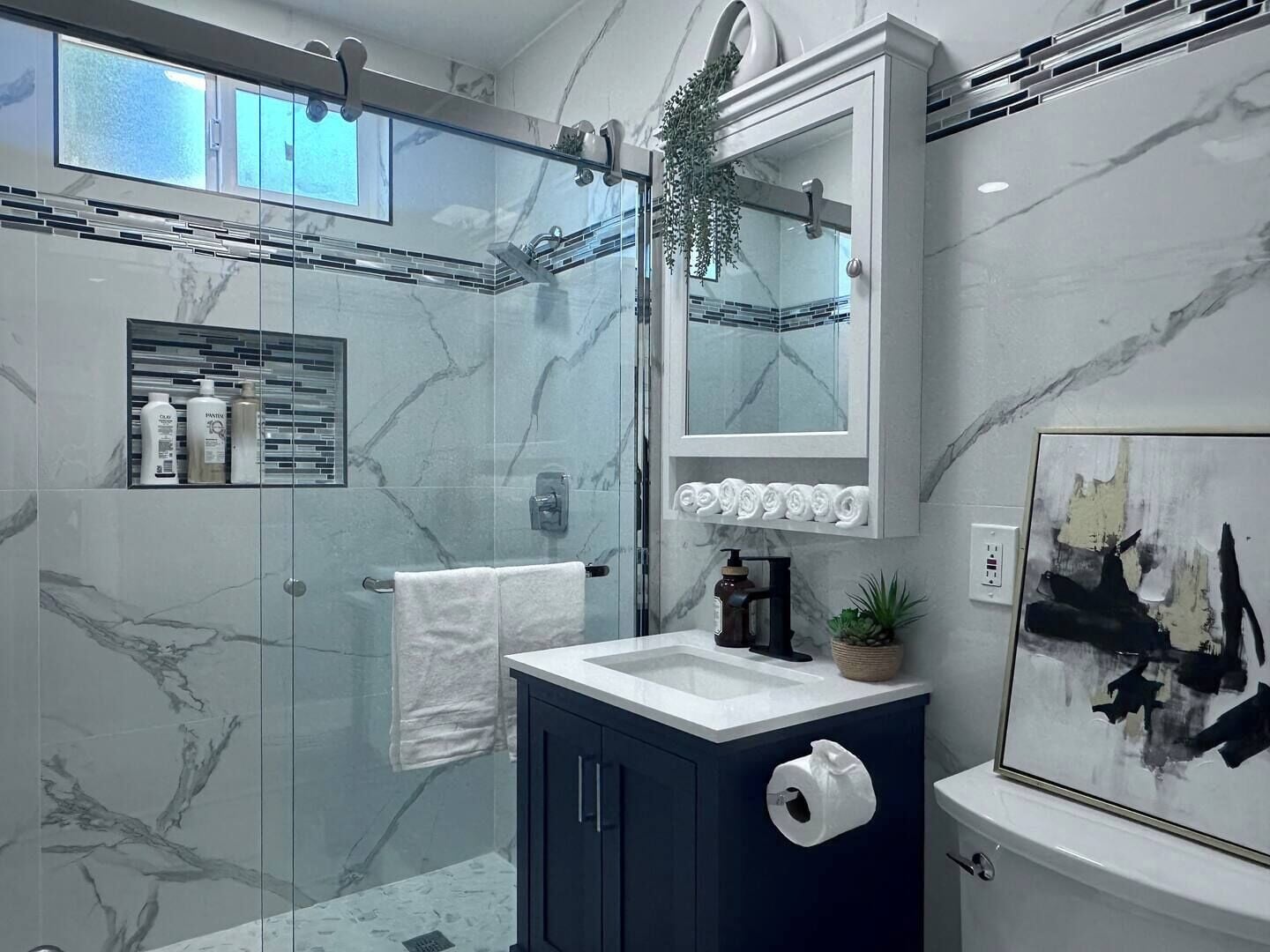 Shower, hair dryer, soap, toilet paper