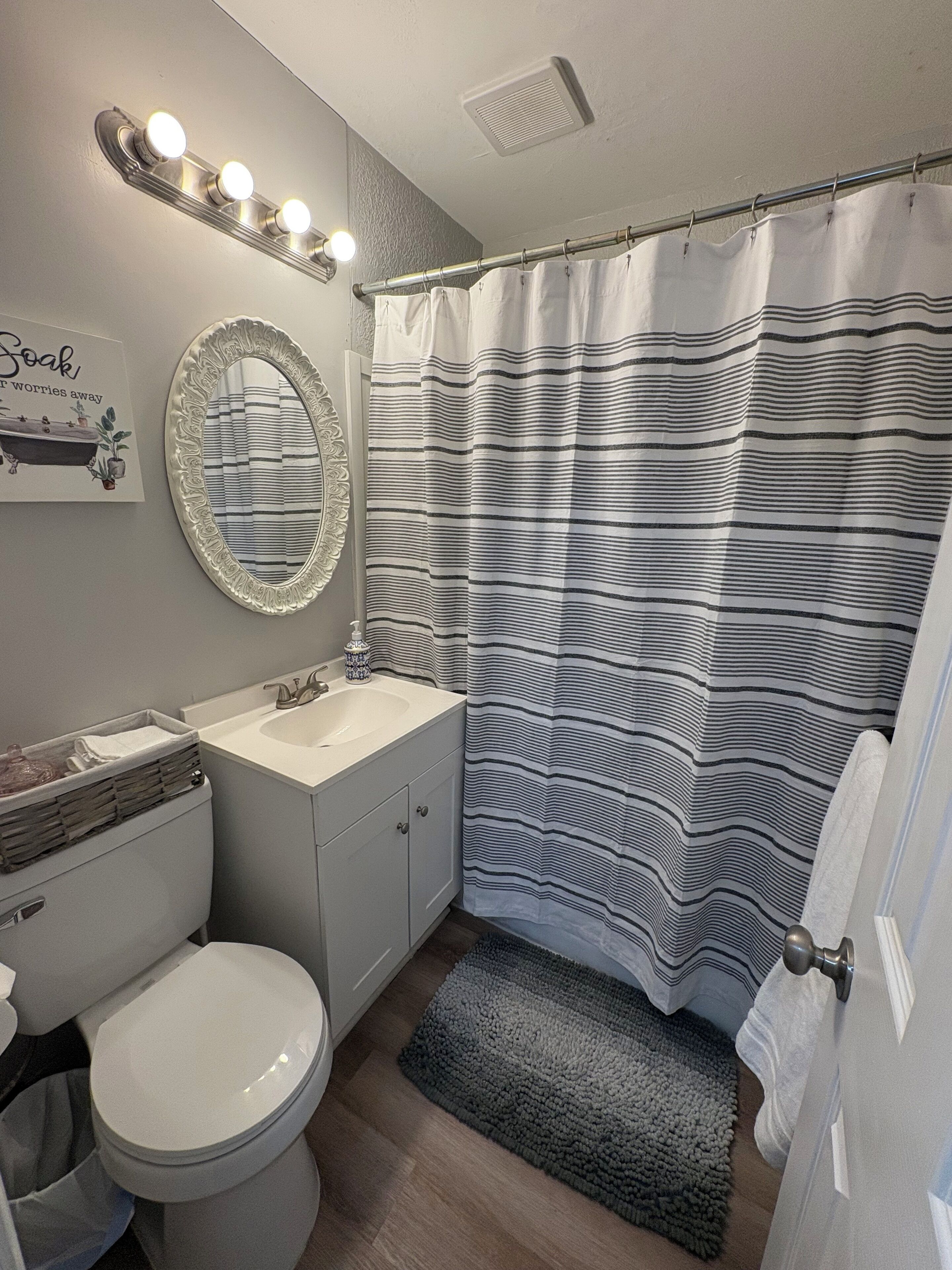 Hair dryer, towels, soap, toilet paper