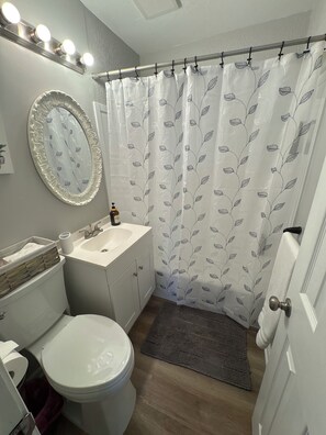 A bathroom with a toilet, sink, vanity, mirror, shower curtain, and a small rug. - Quaint 3-bedroom house with AC in welcoming Wichita (Wichita)