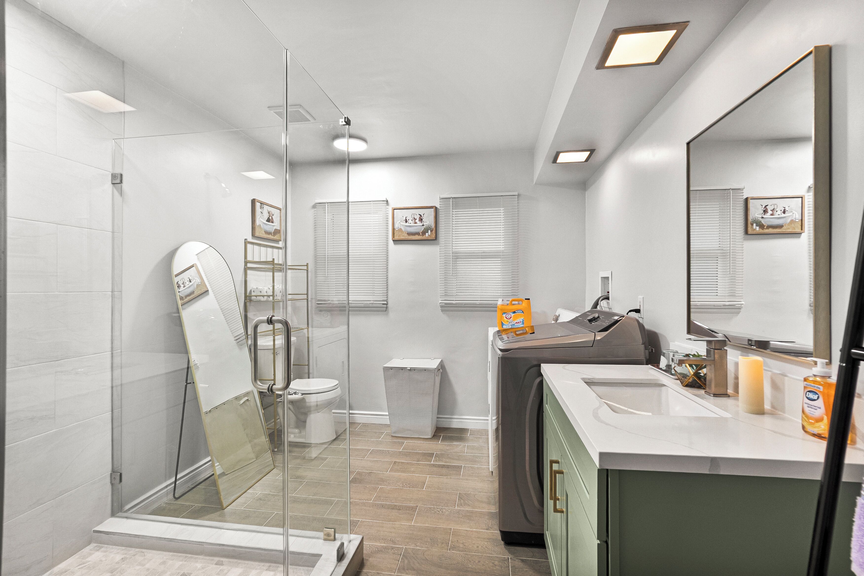 Shower, eco-friendly toiletries, hair dryer, towels