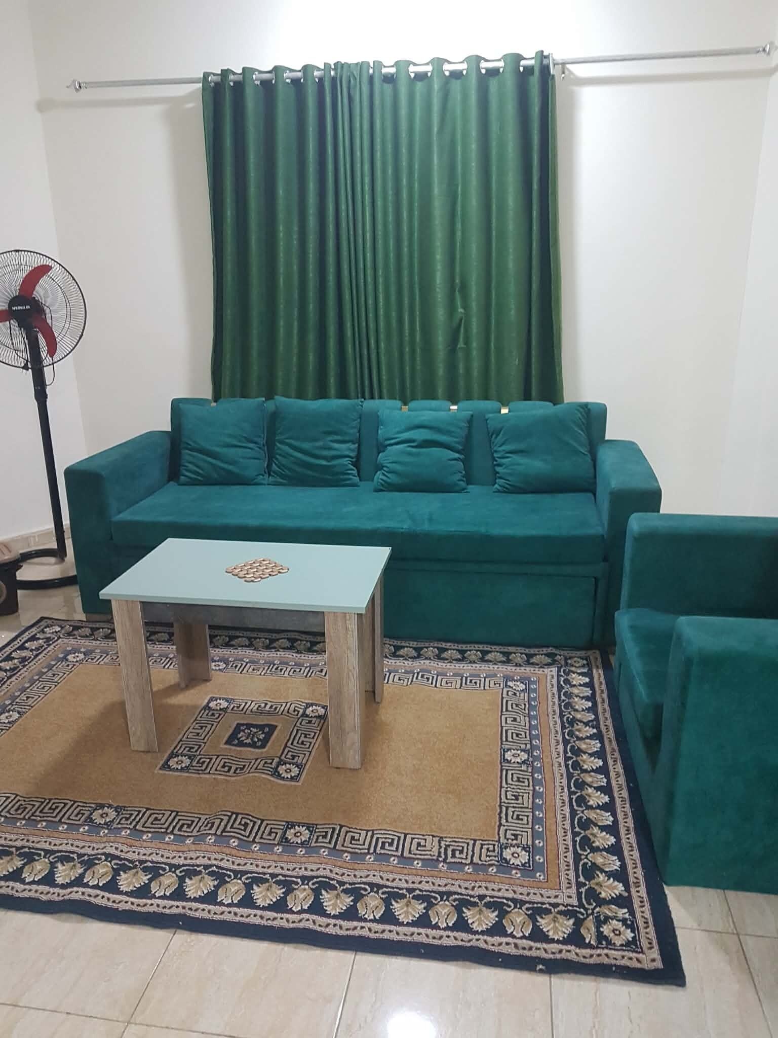 Un sofá color turquesa con cojines a juego, una mesita de madera y una alfombra estampada.