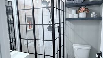 Shower, hair dryer, towels, soap
