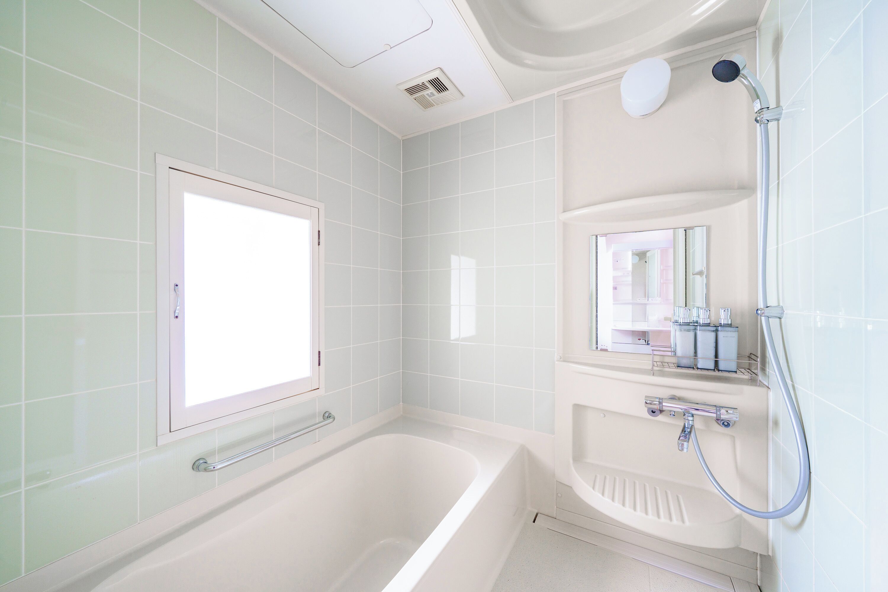 Une salle de bain moderne avec une baignoire, une douche et une fenêtre.