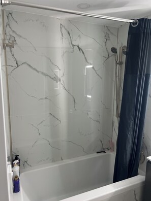 Hair dryer, towels, soap, toilet paper