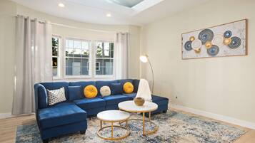 Smart TV, fireplace, foosball, table tennis