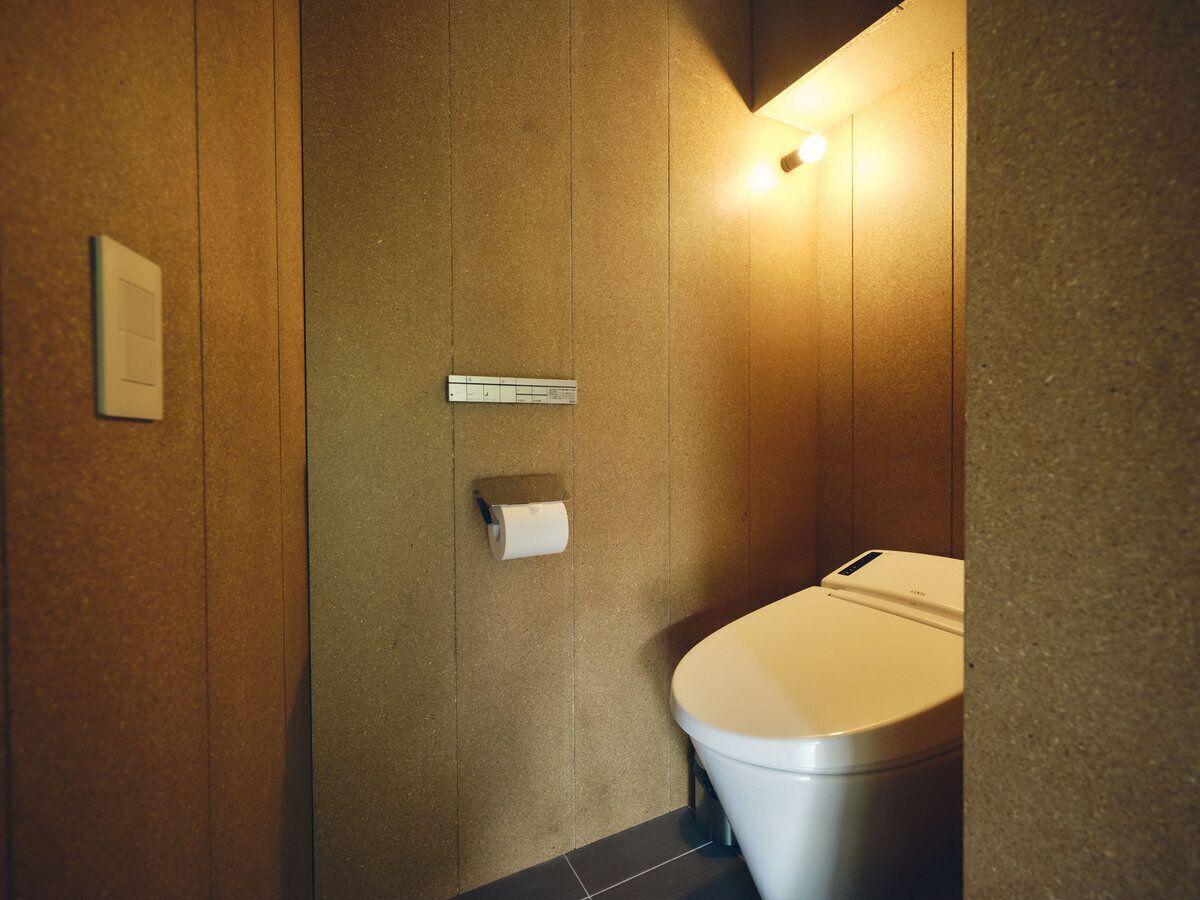 Pieni, moderni kylpyhuone, jossa on wc, paperipyyheannostelija ja valaisin.