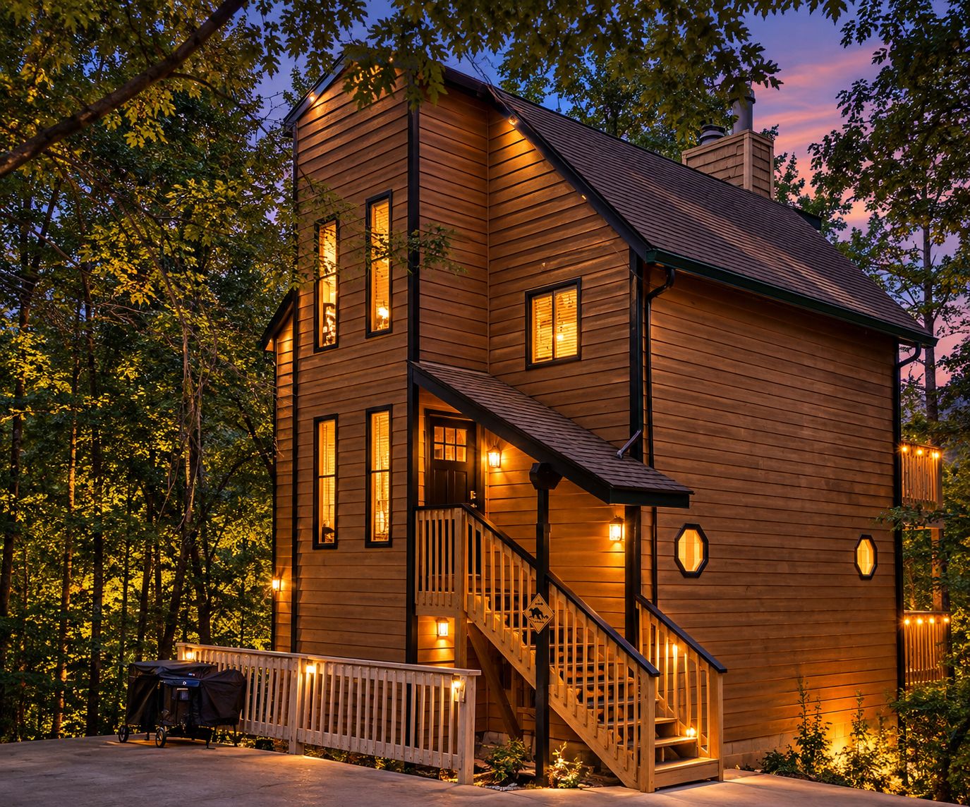 A two-story wooden cabin with a staircase, a porch, and a covered outdoor seating area.