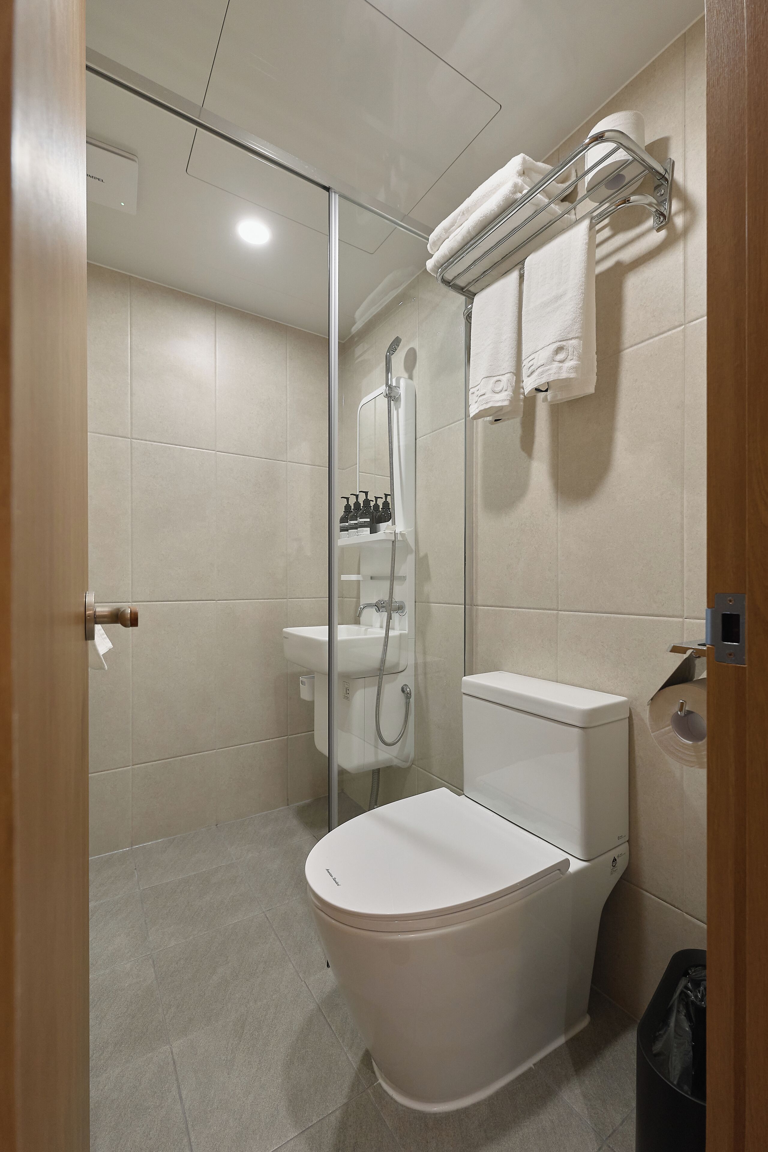 Une salle de bain moderne avec une douche à parois de verre, des toilettes blanches et un porte-serviettes.