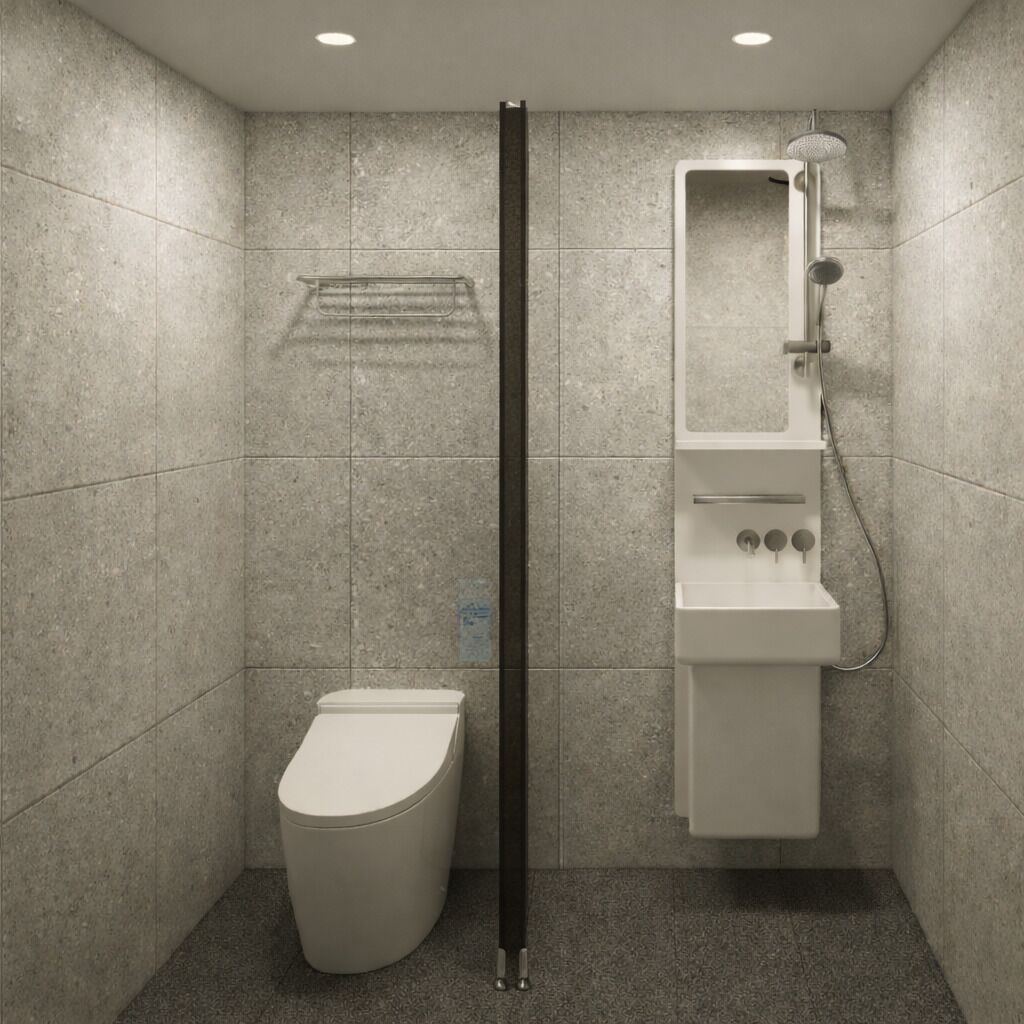 A modern bathroom with a toilet, a shower, and a sink.