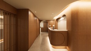 A hotel reception area with wooden paneling, a reception desk, and a sign that reads "Hotel by You". - HOTEL ON YOU (Seoul)