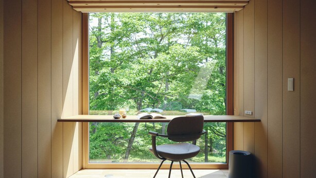 A modern bedroom with a large window, a wooden desk, a chair, and a bed. - SANU 2nd Home Tateshina 1st (Chino)
