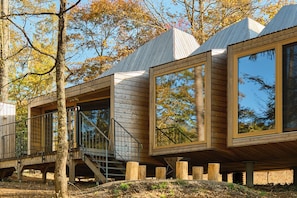 A modern wooden cabin with large windows, a staircase, and a metal railing. - SANU 2nd Home Tateshina 1st (Chino)