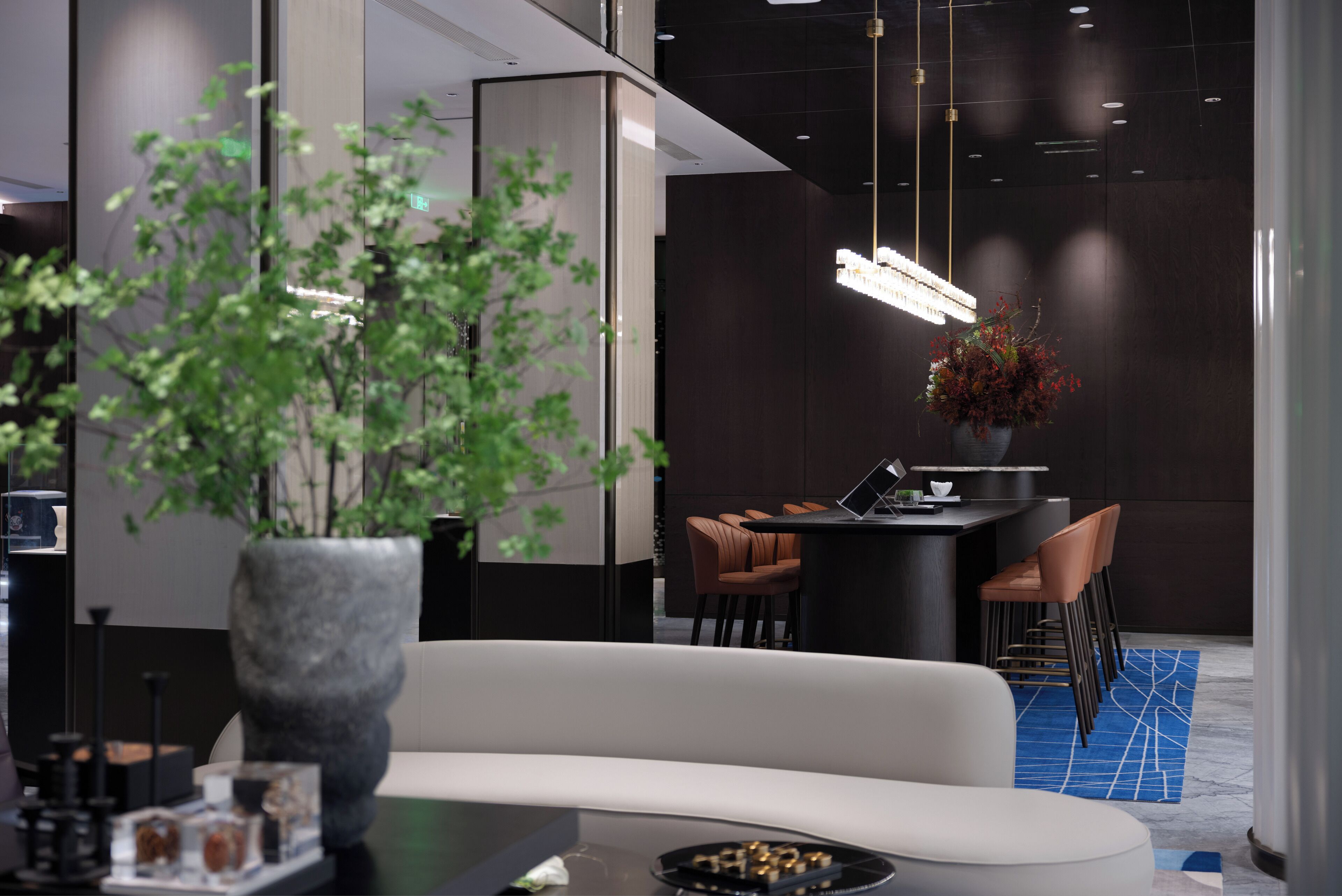 A modern interior with a sofa, dining area, and a large plant.