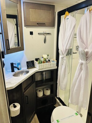 Hair dryer, towels, soap, toilet paper - Luxury 2-bedroom recreational vehicle in tranquil Salt Springs, Fl. with AC (Salt Springs)