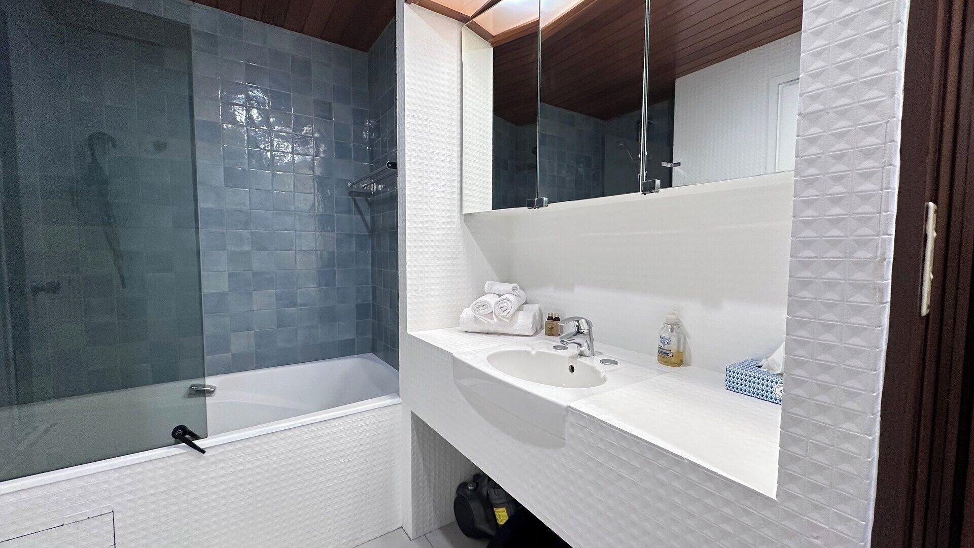 Un baño moderno con cabina de ducha de vidrio, un lavabo blanco y un espejo grande.