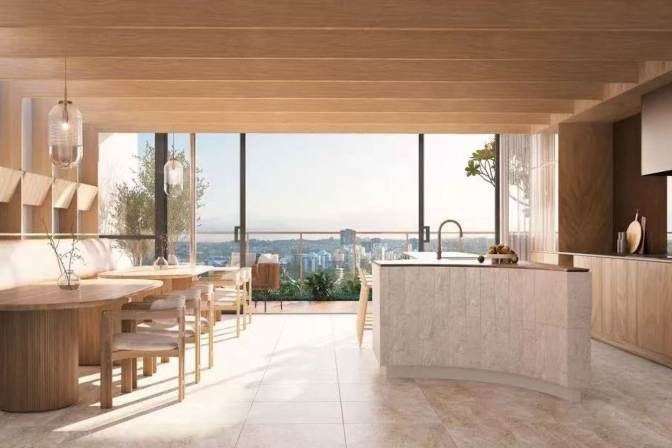 Une cuisine moderne dotée d’un grand îlot central, de meubles en bois et offrant une vue sur la ville.
