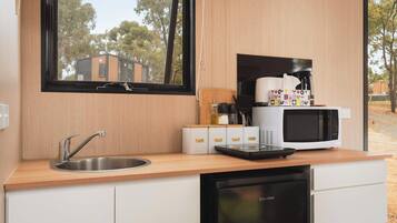 Fridge, microwave, stovetop, coffee/tea maker