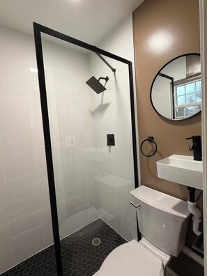 A modern bathroom with a glass-enclosed shower, a white sink, and a toilet.