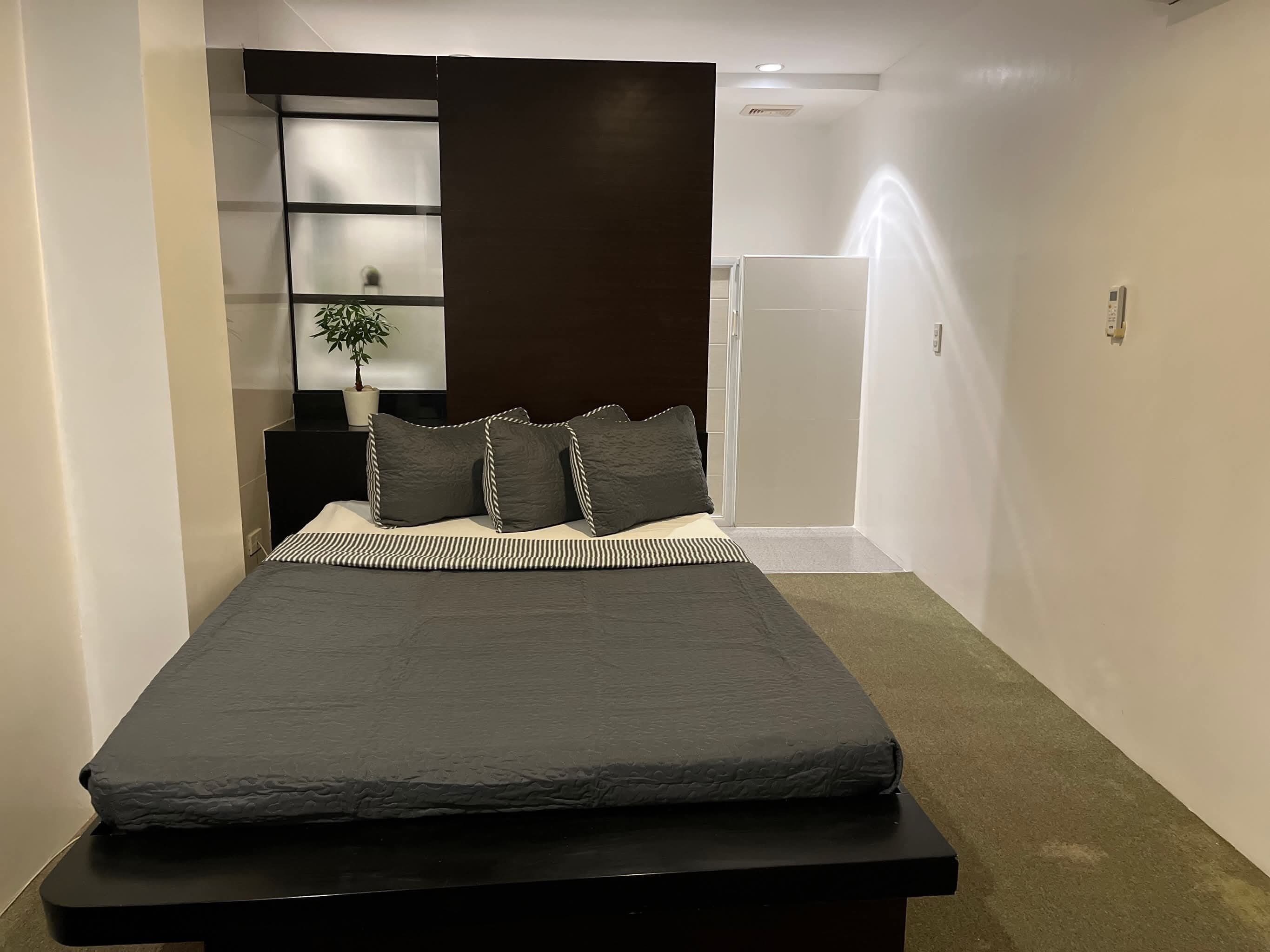 Une chambre à coucher moderne avec un lit, une table de chevet, une plante en pot et une porte.
