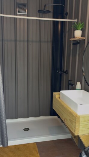 Shower, towels, soap, toilet paper