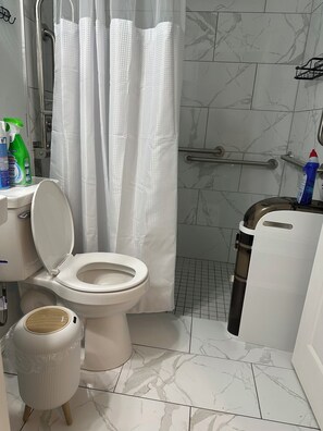 Chuveiro, secador de cabelo, toalhas de banho, sabonete