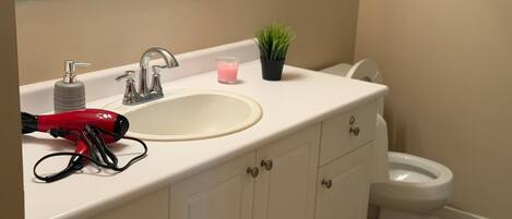 Une salle de bain avec un lavabo blanc, un sèche-cheveux rouge, une petite plante en pot et des toilettes.