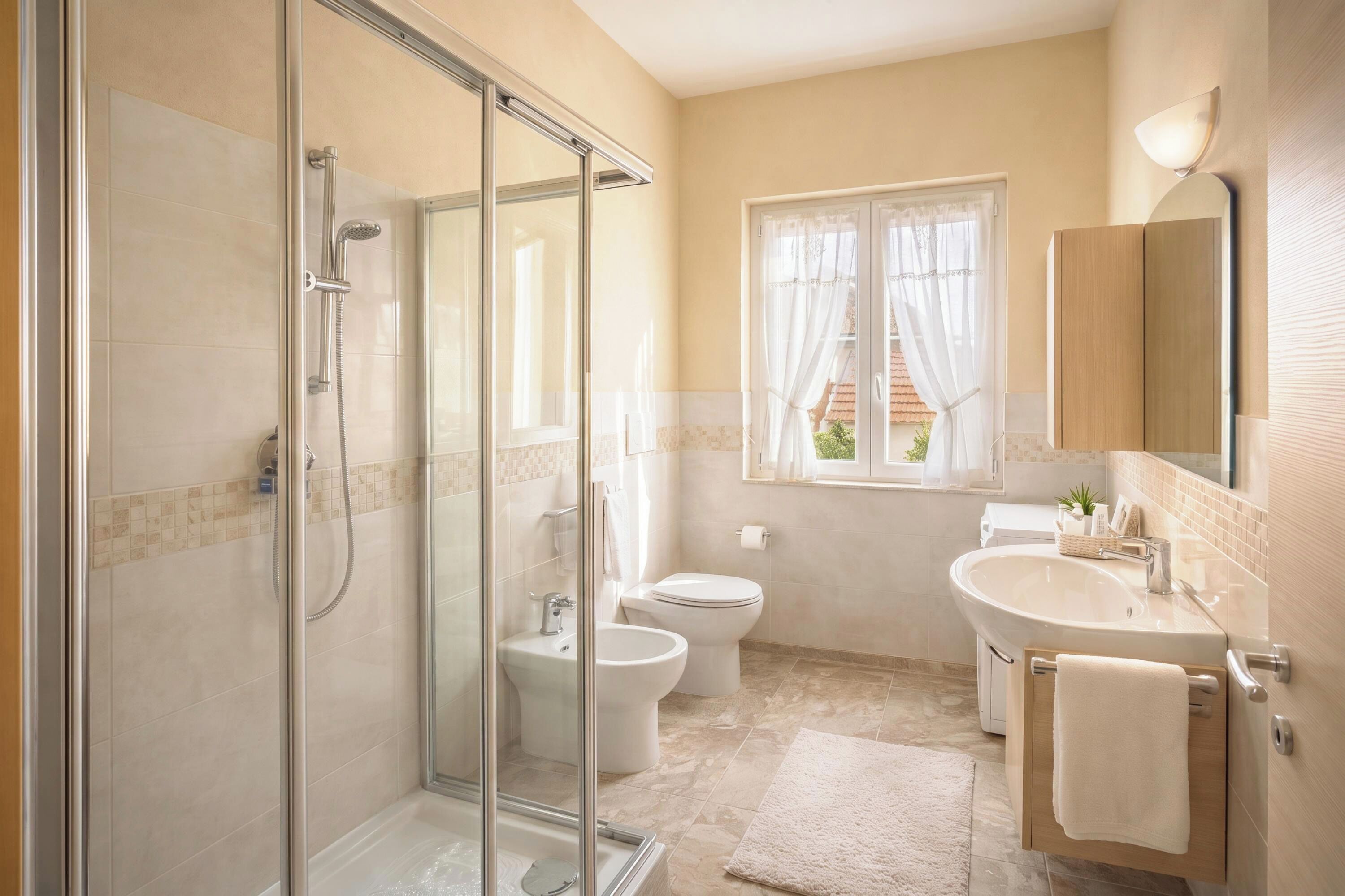 A bathroom with a glass-enclosed shower, a toilet, a sink, and a window with curtains.
