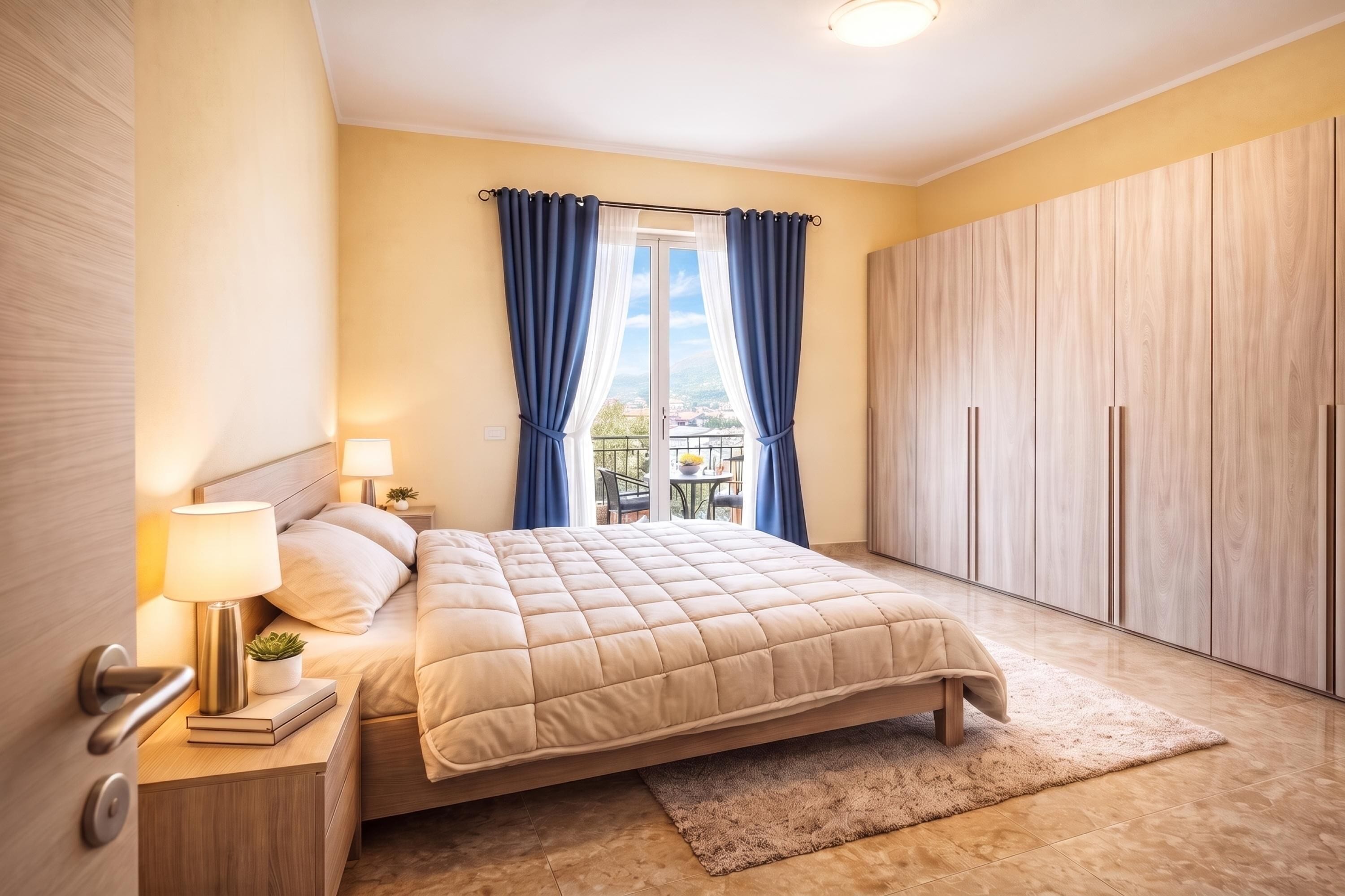 A bedroom with a bed, bedside lamps, a nightstand, a window with curtains, and a wardrobe.