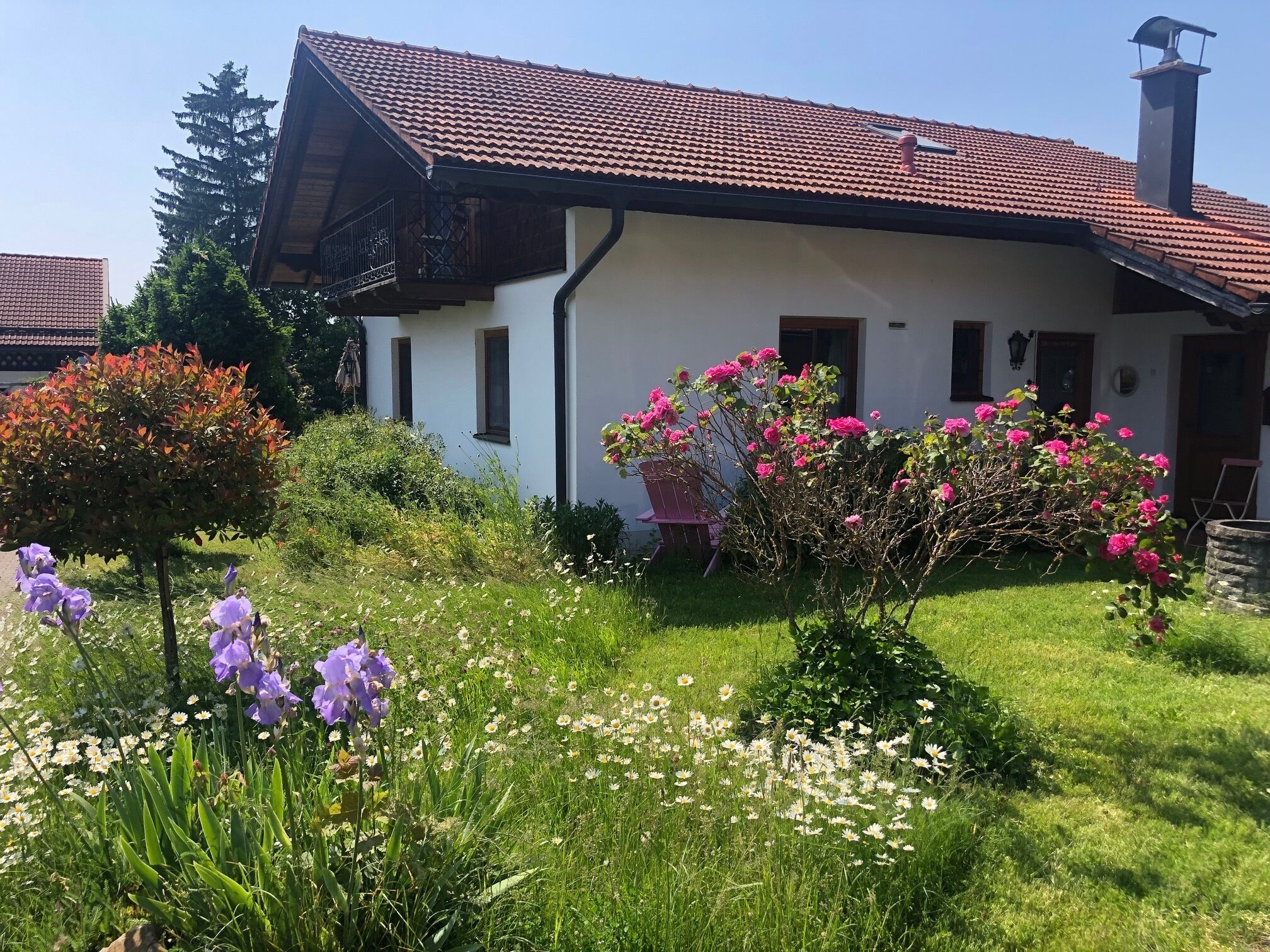 Une maison blanche avec un toit recouvert de tuiles rouges, entourée d’un jardin où poussent différentes sortes de fleurs et un petit arbre.