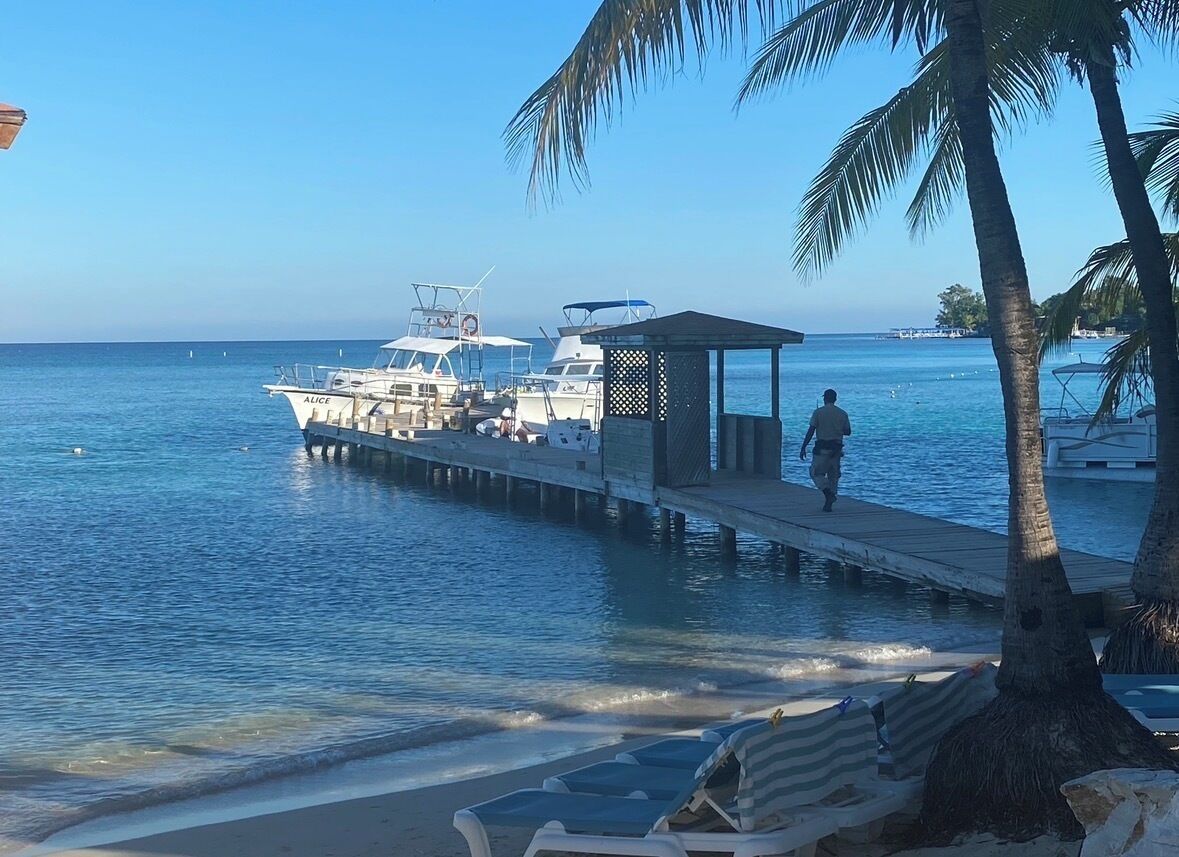 Um cais com barcos, uma praia com espreguiçadeiras e uma palmeira.