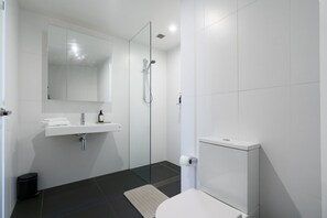 Shower, hair dryer, towels - Stylish Top-Floor Apt with Lake and Mountain Views (Canberra)