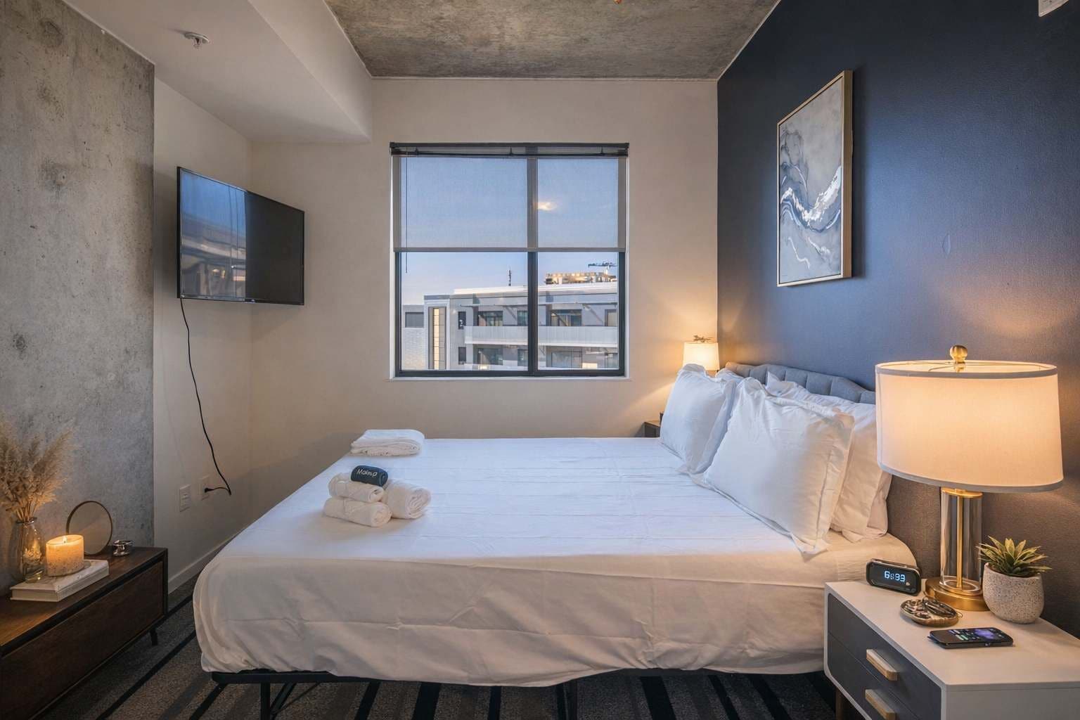 مكتب ومكواة/لوح كي وواي فاي وملاءات أسرّة