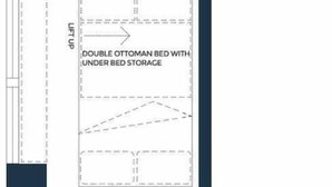 A floor plan of a hotel room with a basin, shower, work desk, double ottoman bed with under bed storage, and a wardrobe. - Oootopia - Tai Kok Tsui (Kowloon)