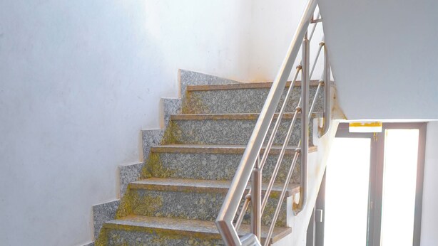 A staircase with metal railings and a window on the right side. - Roomshala Hotel In Jangpura (New Delhi)