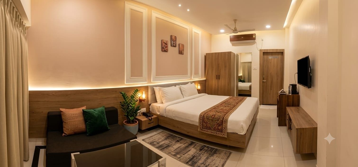 A modern hotel room with a bed, a sofa, a desk, and a TV.