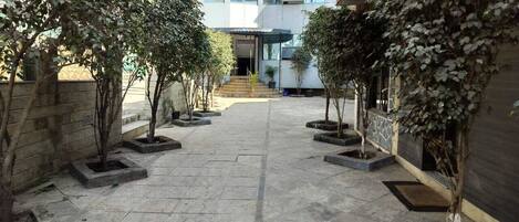 Un patio con una escalera central que conduce a la entrada de un edificio, rodeado de macetas con árboles y arbustos.