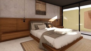 A modern bedroom with a wooden headboard, a large bed with multiple pillows, and a view of the outside through a large window. - Kibaima Apartments (Oranjestad)