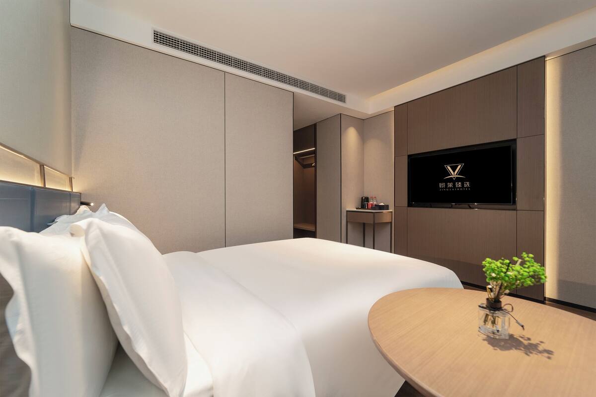 Ein modernes Hotelzimmer mit einem großen Bett, einem kleinen Tisch mit einer Pflanze, einem an der Wand montierten Fernseher und einem Schrank.