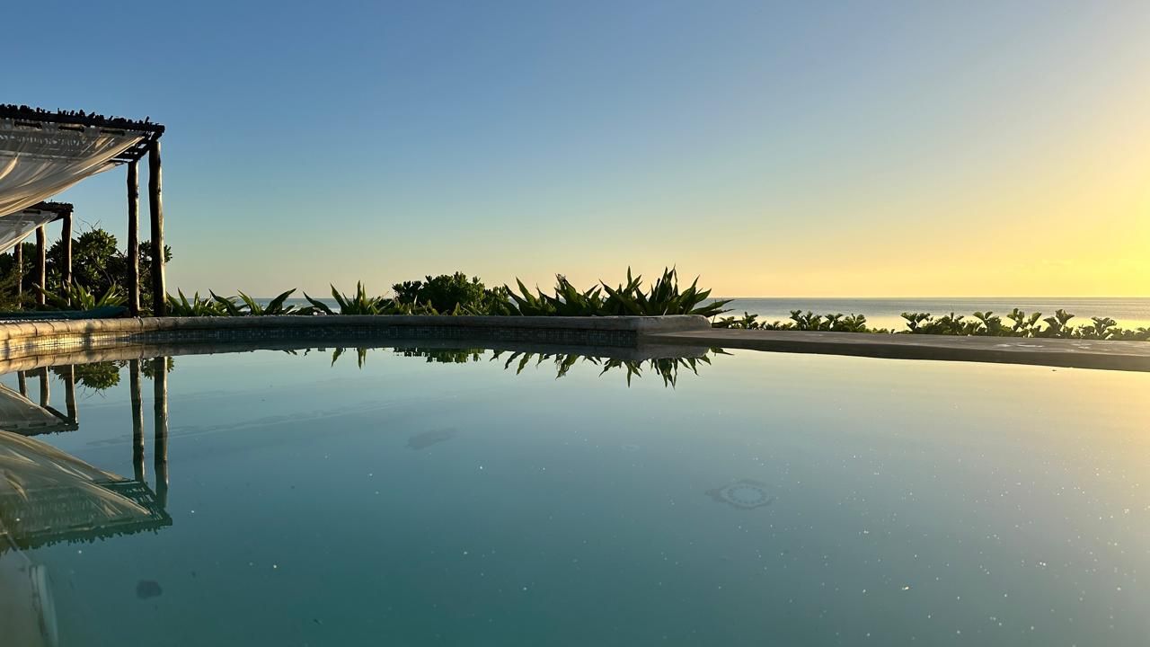 Piscina translúcida com vista para o oceano e área sombreada com plantas.