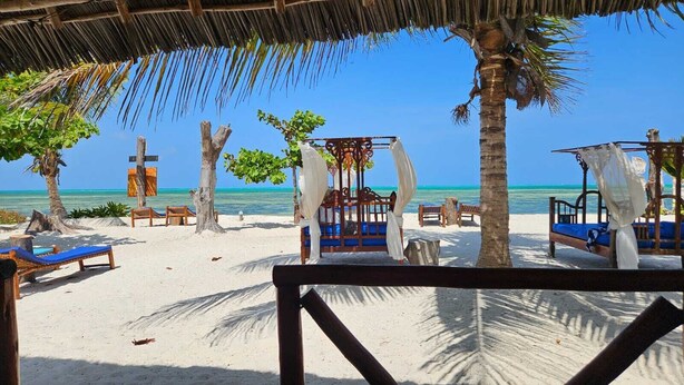 A beach with thatched-roof structures, wooden benches, and a clear view of the ocean. - Lost Soles Lodge (Jambiani)